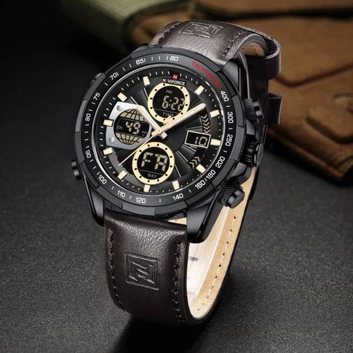 Naviforce Faux Leather Digital And Analog Men's Watch - Black, Brown