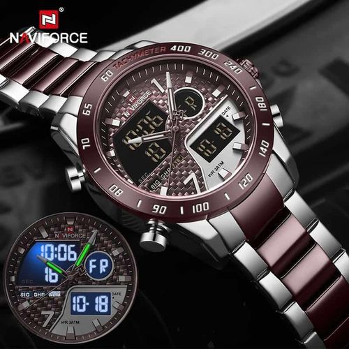 Naviforce Stainless Steel Dual LED Men's Watch - Silver Brown