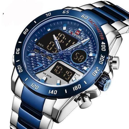 Naviforce Water Resistant Analog And Digital Men's Watch- Silver, Blue