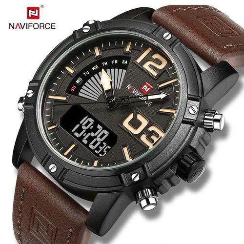 Naviforce Leather Strapped LED Dual Display Watch - Brown, Black