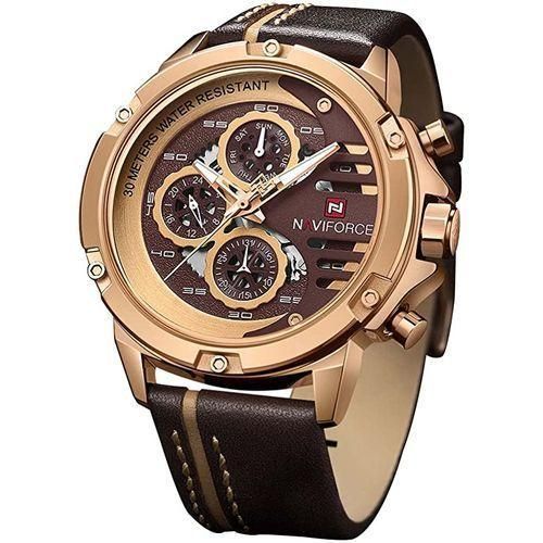 Naviforce Waterproof Chronograph Analog And Dated Classy Men's Office And Casual Designer Watch - Brown, Gold