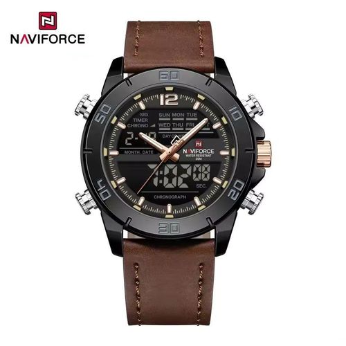 Naviforce Leather Strapped Dated and Analog Dual Display Watch - Brown