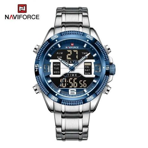 Naviforce Men's Office And Casual Designer LED Dual Display Watch - Silver, Blue