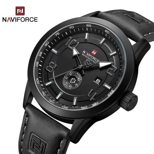 Naviforce Analog Leather Strapped Dated Watch - Black