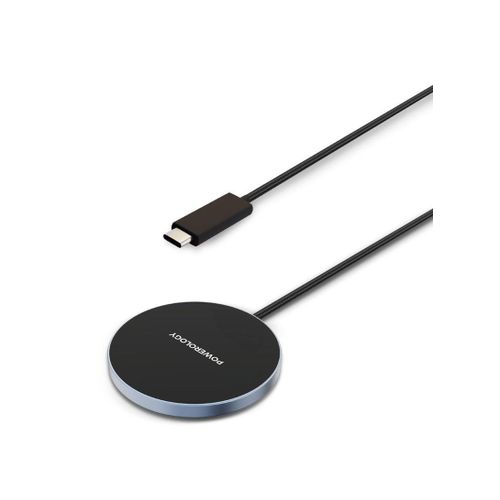 Powerology Elero Magnetic Wireless Charger Pad for Samsung, Qi2 technology 15W Max Built-in 1.2m Cable And A Durable Aluminum Body For iPhone, AirPods, Galaxy