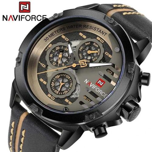 Naviforce Leather Strapped Dated Classy Trendy Men's Watch - Black