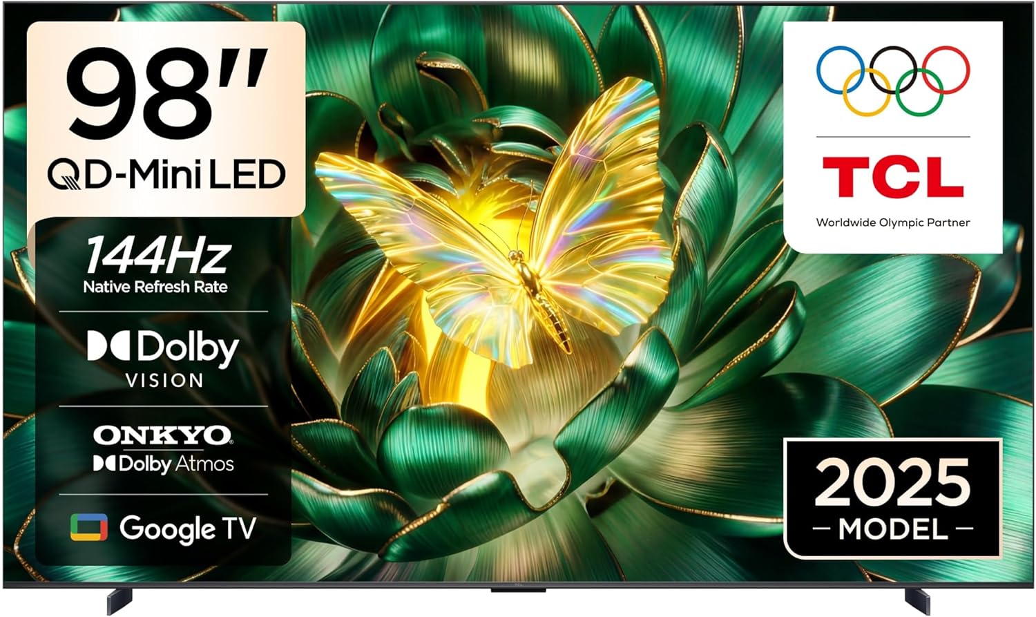 TCL 98 Inch QD-MiniLED QLED UHD 4K Smart Google TV, 98C6K (2025 Model), Ultra Slim Design, High HDR, ONKYO 2.1 Hi-Fi System, AiPQ Processor, HDMI, USB, LAN, Optical, Satellite, CI Slot, Youtube, Netfl
