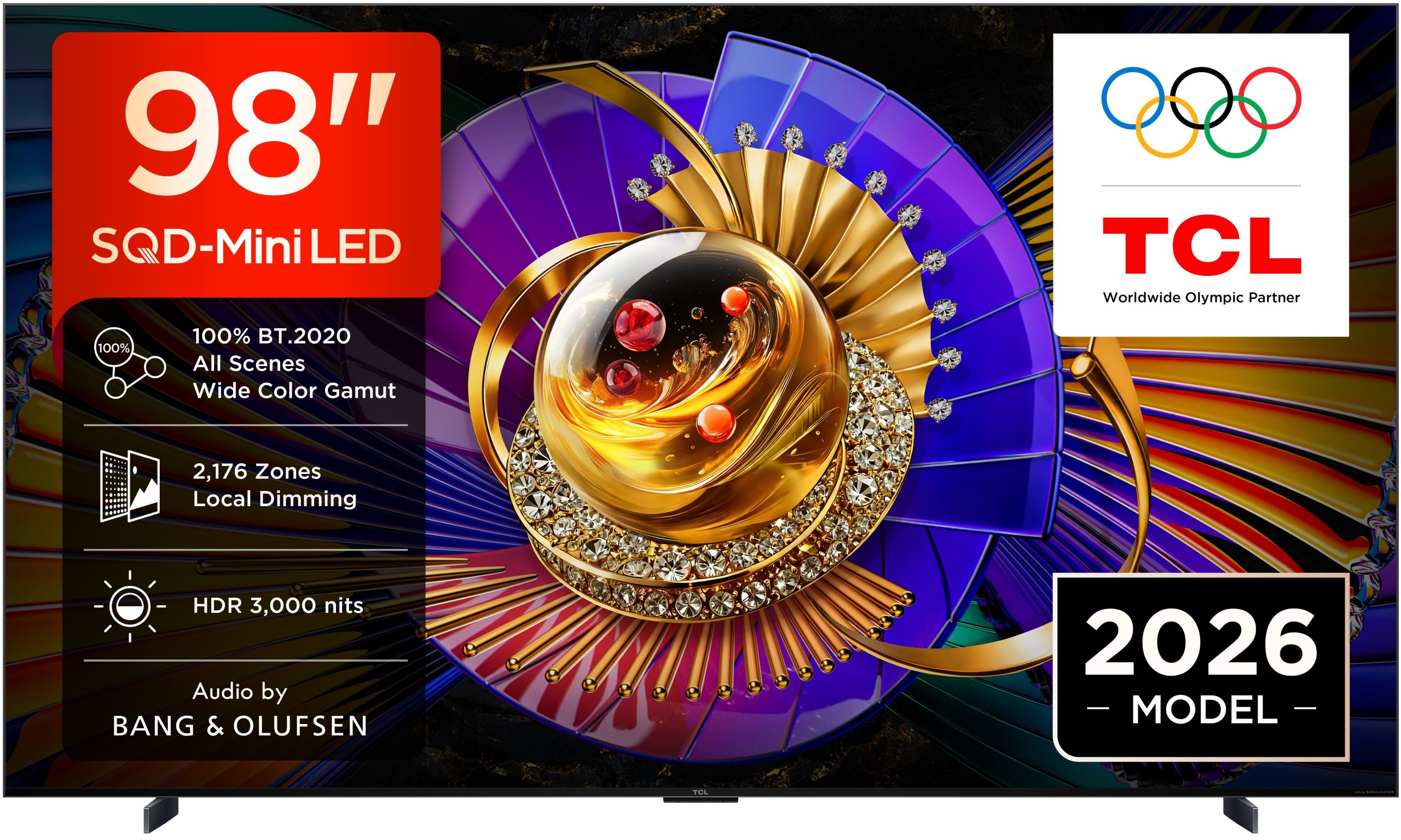 TCL 98 Inch SQD-MiniLED QLED UHD 4K Smart Google TV, 98C7L (2026 Model), Dolby Vision, Dolby Atmos, Ultra Slim Design, High HDR 2700 Nits, ONKYO 2.2 Hi-Fi System, Audio by Bang & Olufsen, 144Hz Refres