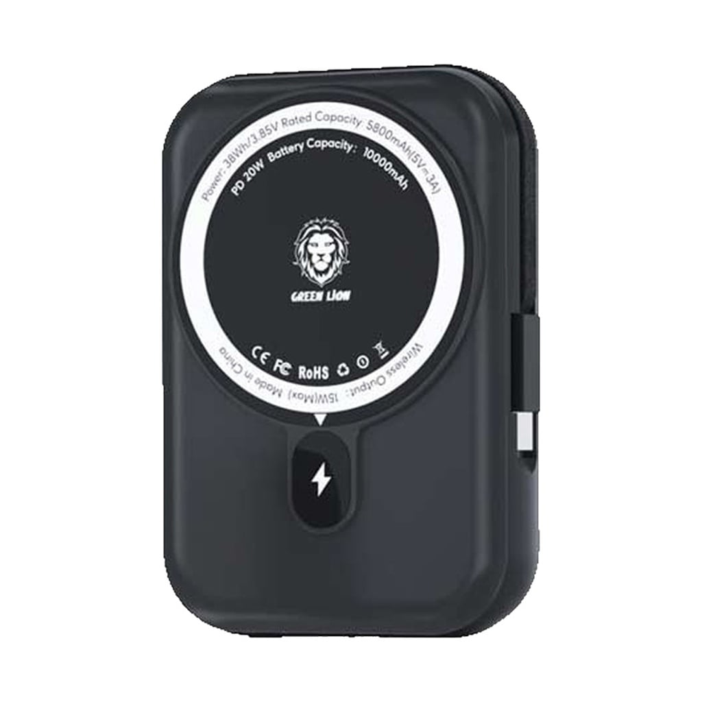 Green Lion 20000mAh Monaco MagSafe Power Bank with Built-in Type-C Cable, LCD Display, 20W Power Delivery, Magnetic Attraction, Compact Design Black