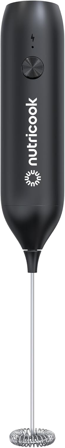 Nutricook USB-C Rechargeable Milk Frother NC-MF100 – Handheld Electric Foam Maker with Stainless Steel Whisk, Ergonomic Design for Coffee, Latte, Matcha, Cappuccino – Black